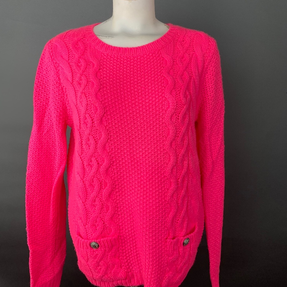 Double L Mixed-Cable Fuchsia Sweater Crewneck